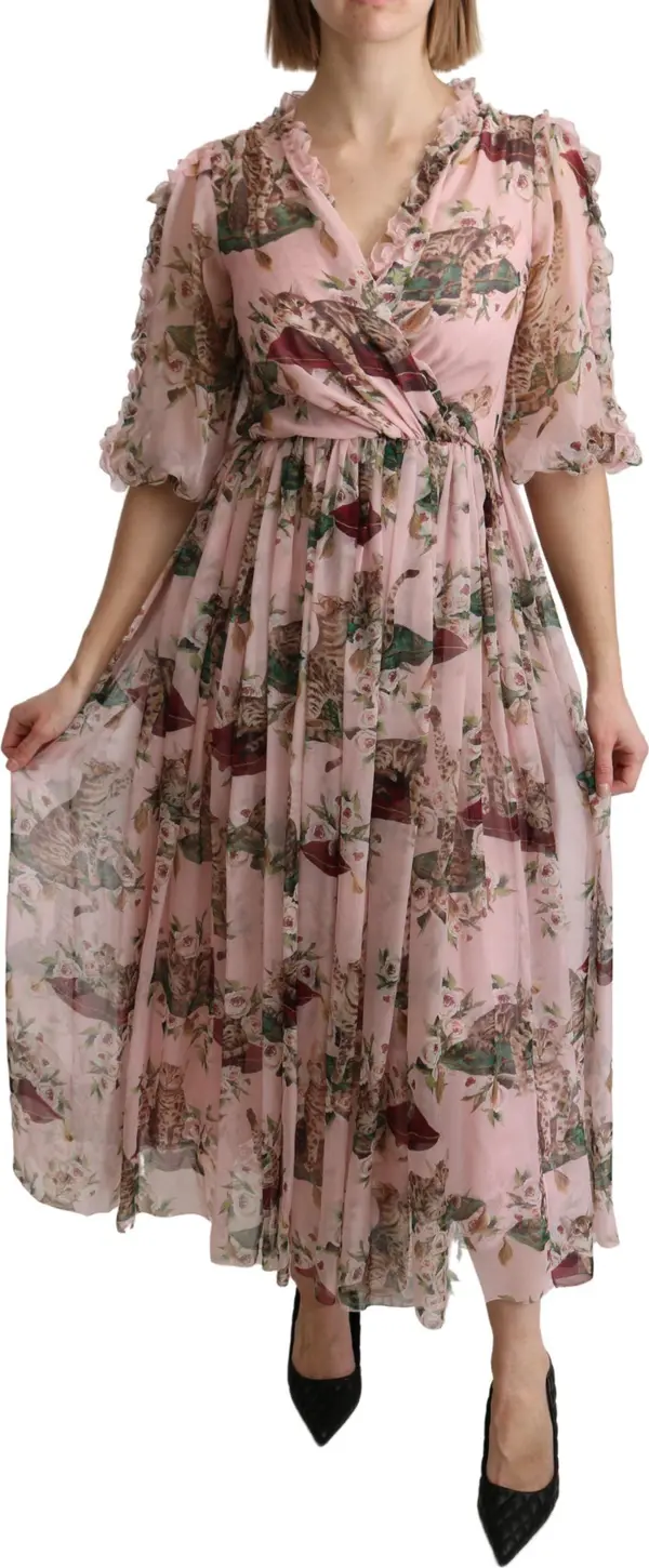 Pink Bengal Cat Print A-line Maxi Silk  Dress