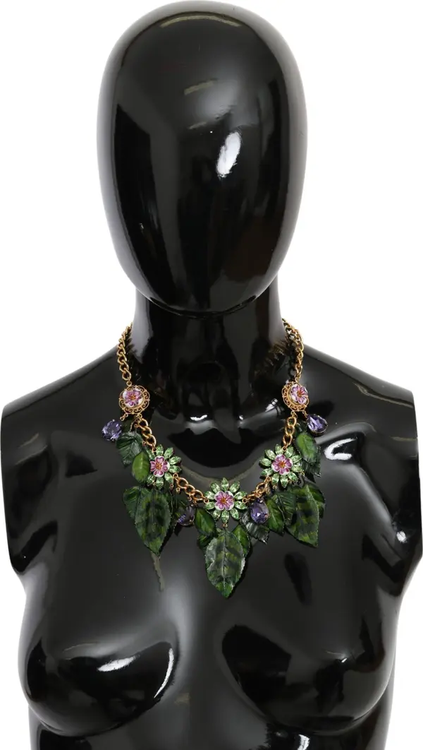 Green Leaves Gold Brass Crystal Flower Pendant Necklace