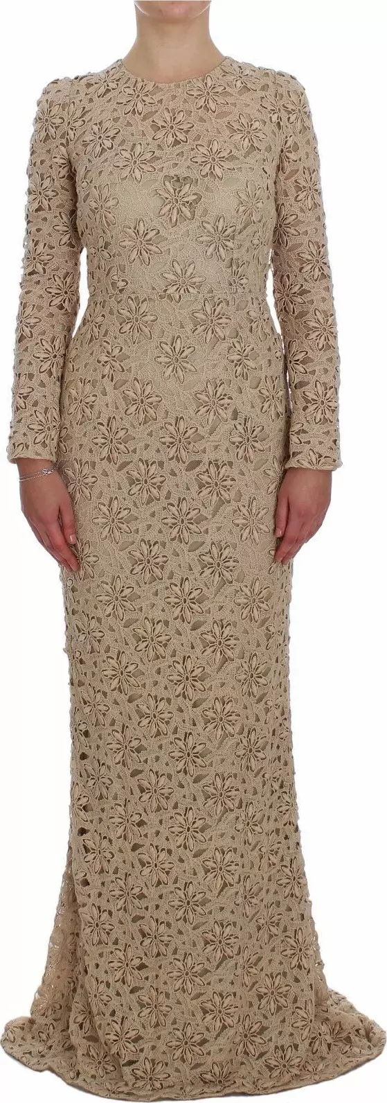 Beige Floral Lace Sheath Maxi Dress