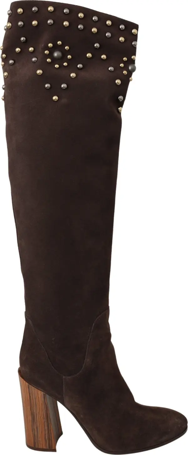 Brown Suede Studded Knee High Shoes Boots