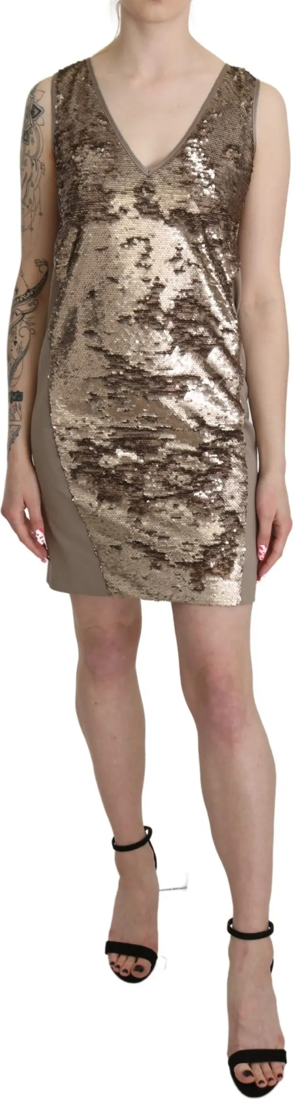 Brown Sequined V-neck Sleeveless Sheath Mini Dress