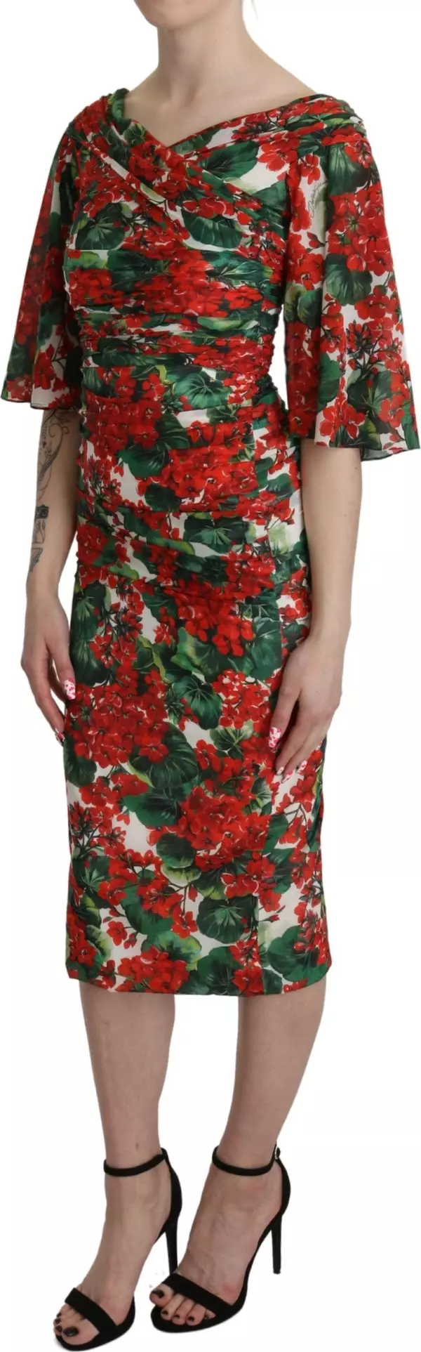 Red Floral Sheath Midi Silk Stretch Dress