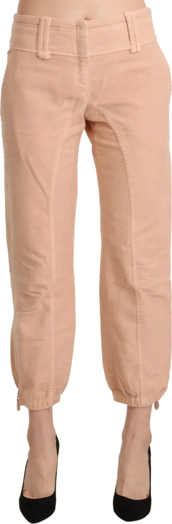 Beige Mid Waist Cropped Cotton Trouser Pants