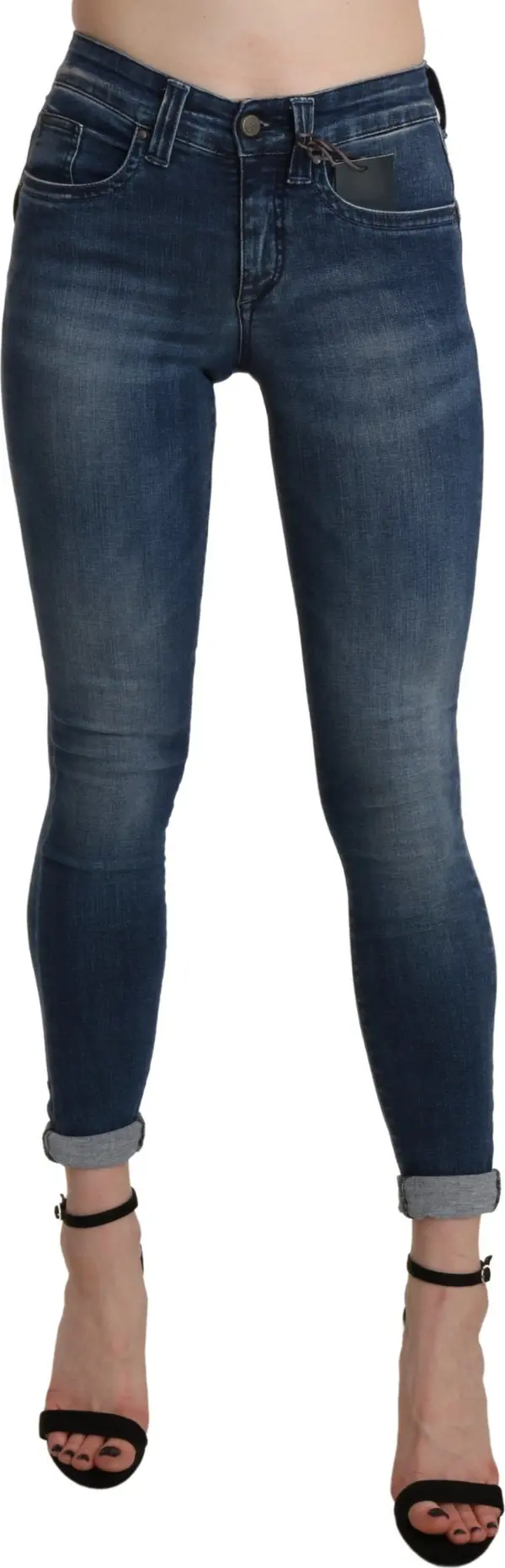 Blue Washed High Waist Skinny Cropped Cotton Jeans