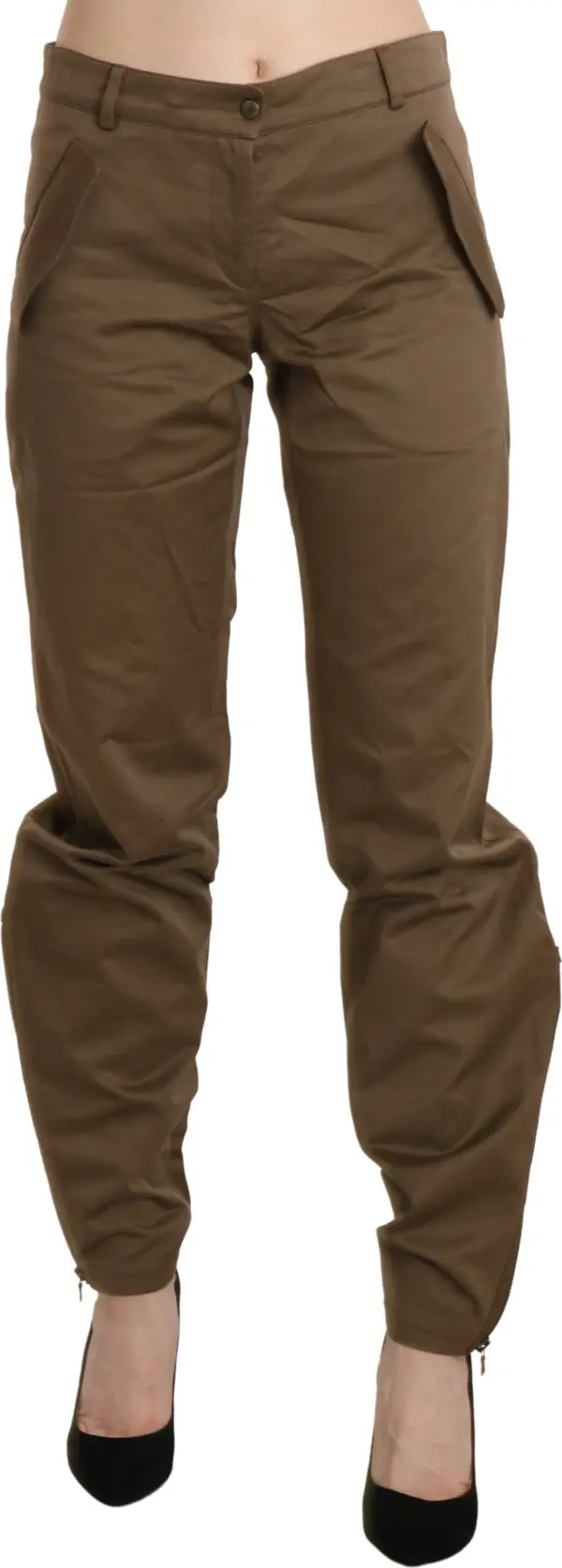 Brown Mid Waist Straight Cotton Pants