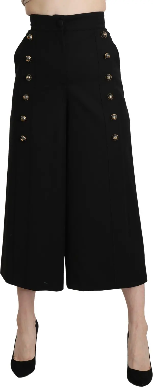 Black Wide Wool Leg Cropped Trouser Pant
