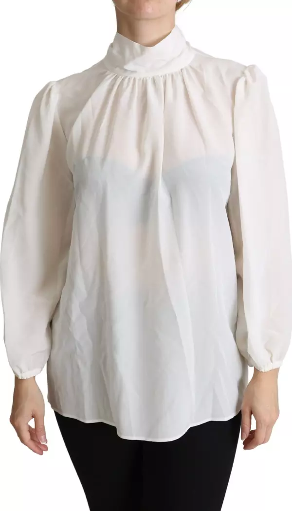 White Silk Pussy Bow Long Sleeved Top Blouse