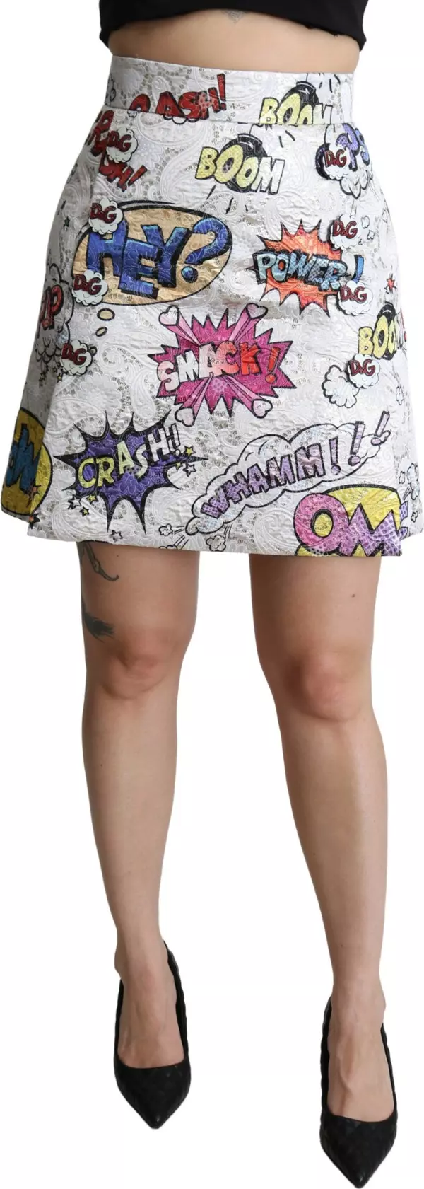 White Cartoon Brocade A-line High Waist Skirt
