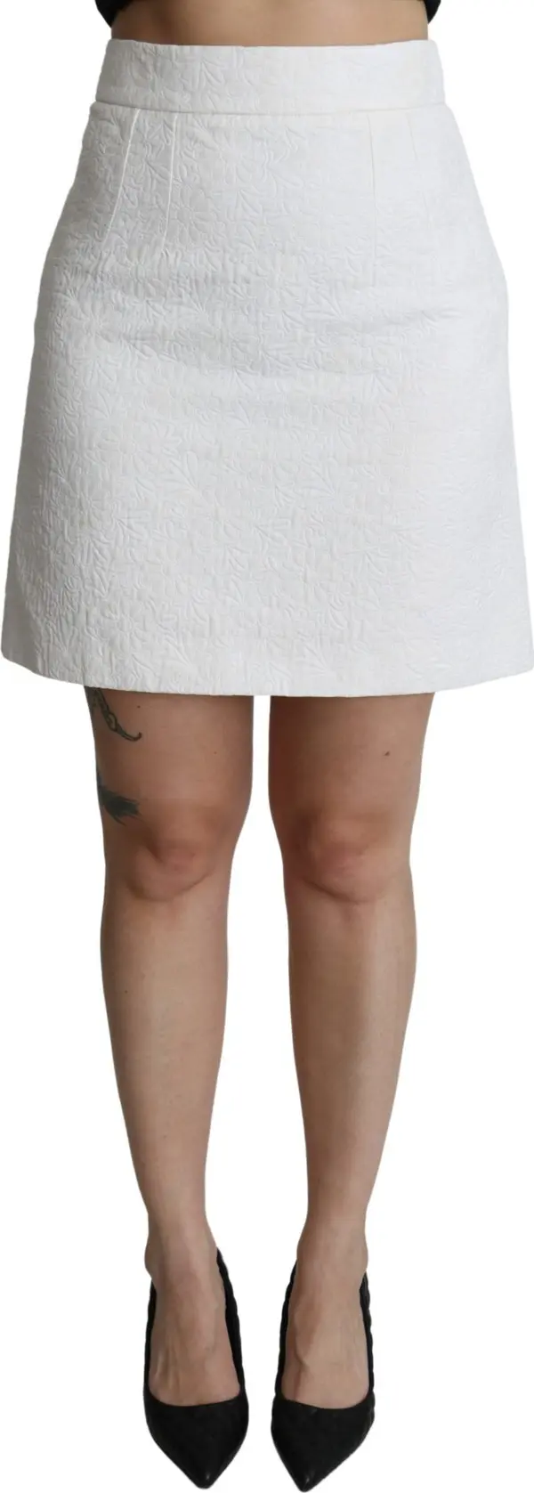 White Floral High Waist Mini Brocade Skirt