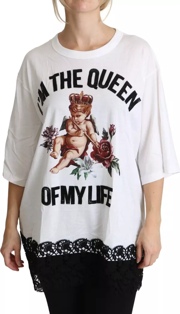 White Angel Print Cotton Round Neck Shirt Tops