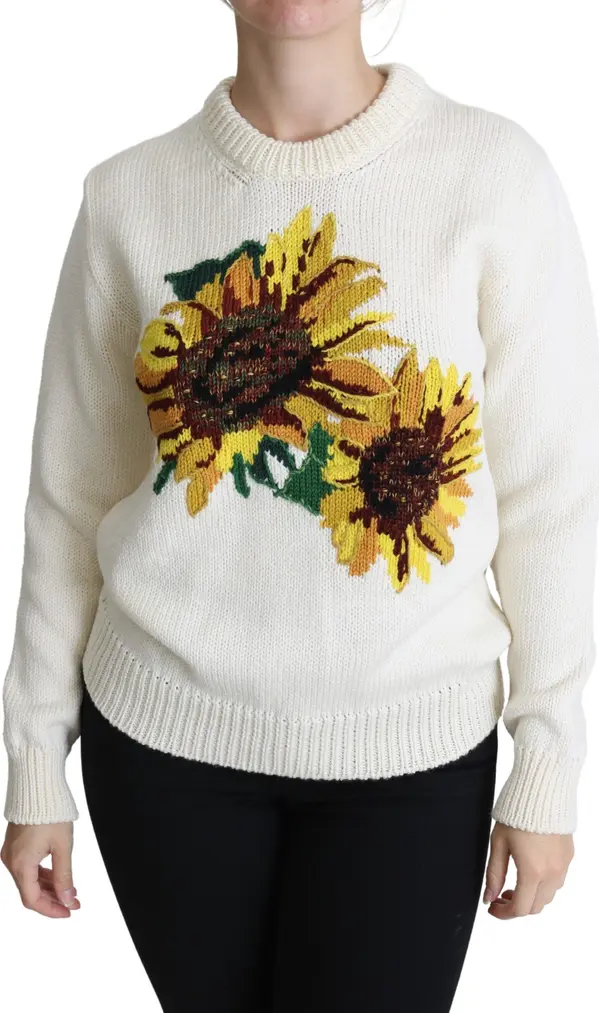 White Floral Wool Pullover Sunflower Sweater