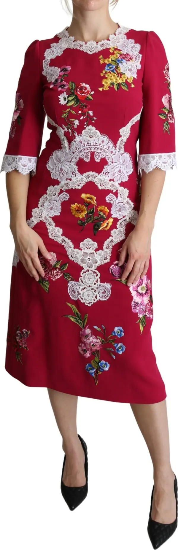 Red Floral Embroidered Sheath Midi Dress