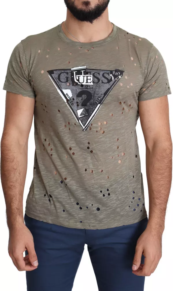 Brown Cotton Stretch Logo Print Men Casual Perforated T-shirt