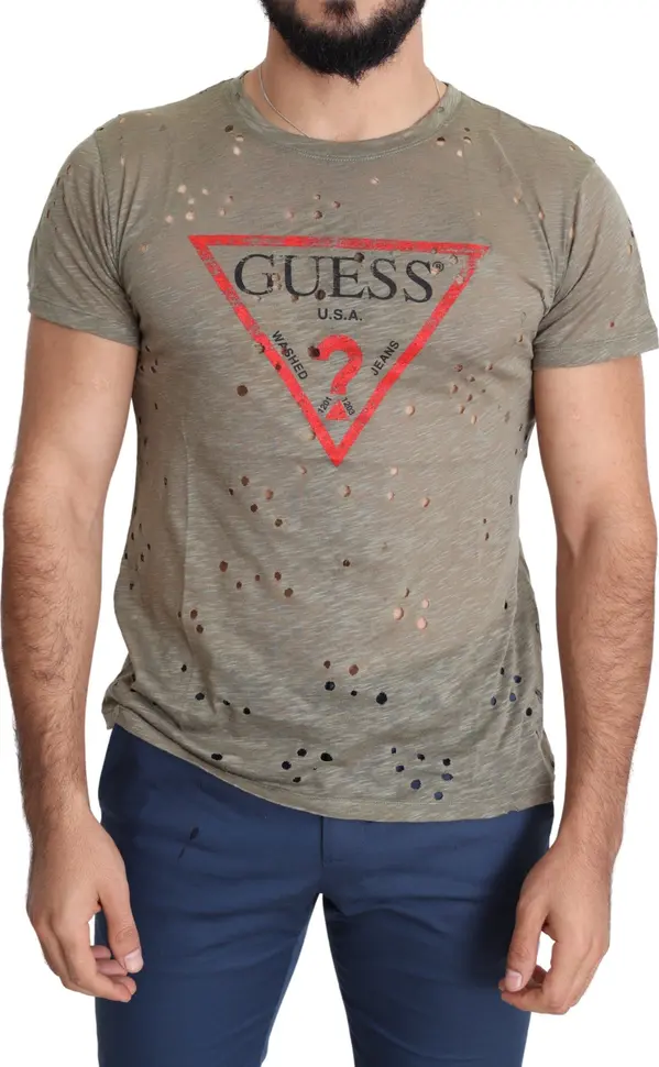 Brown Cotton Stretch Logo Print Men Casual Perforated T-shirt