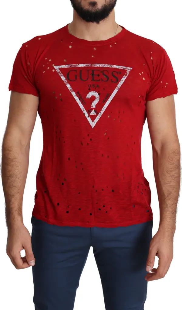Red Cotton Logo Print Men Casual Top Perforated T-shirt