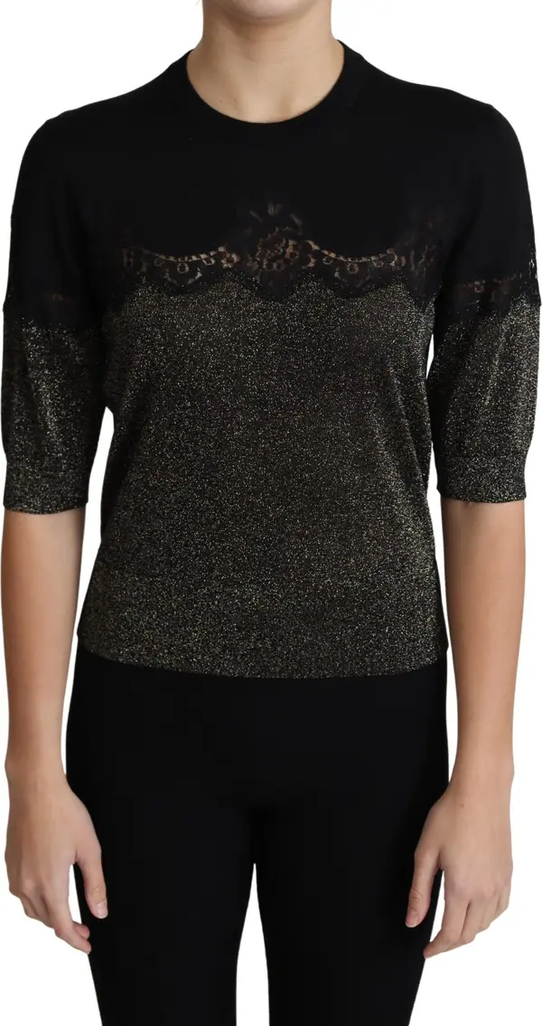 Black Shiny Lurex Lace Insert Pullover Top