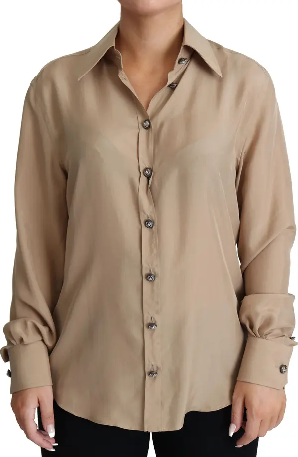 Beige Silk Shirt Decorative Buttons Top