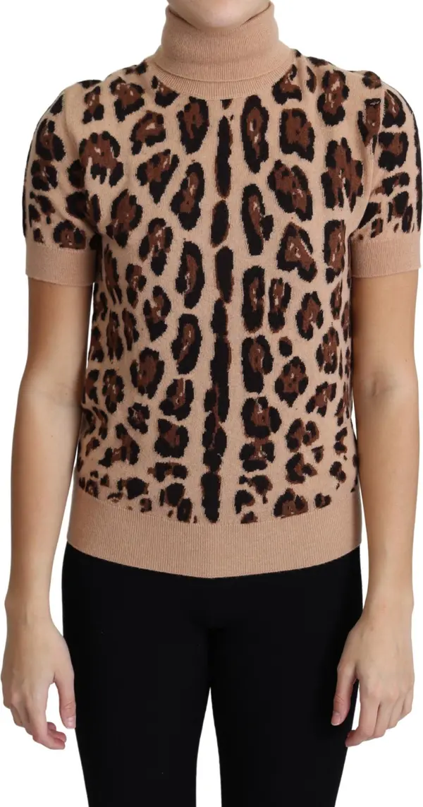 Beige Leopard Print Virgin Wool Turtleneck Top