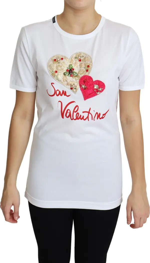White San Valentino Heart Crystals T-shirt Top