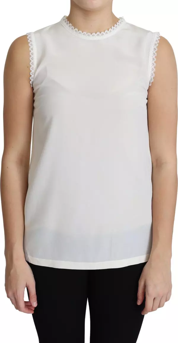 White Blouse Silk Lace Trimmed Sleeveless Top
