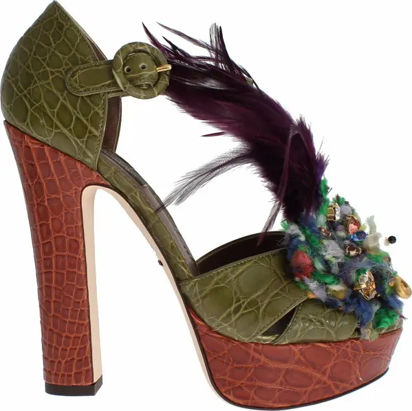 Green Leather Crystal Platform Sandal Shoes