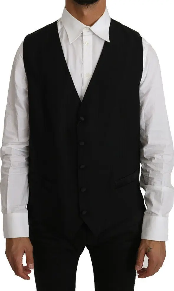 Black Solid Wool Silk Vest