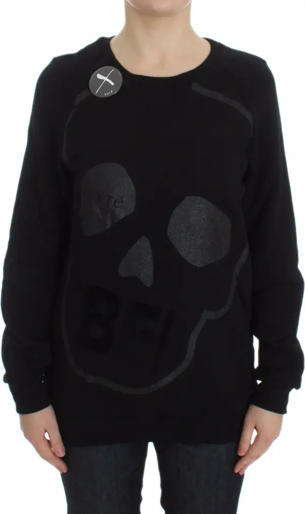 Black Cotton Motive Print Crewneck Pullover Sweater