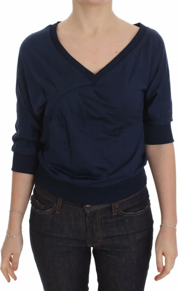 Blue Cotton Top Pullover Deep V-neck Women Sweater