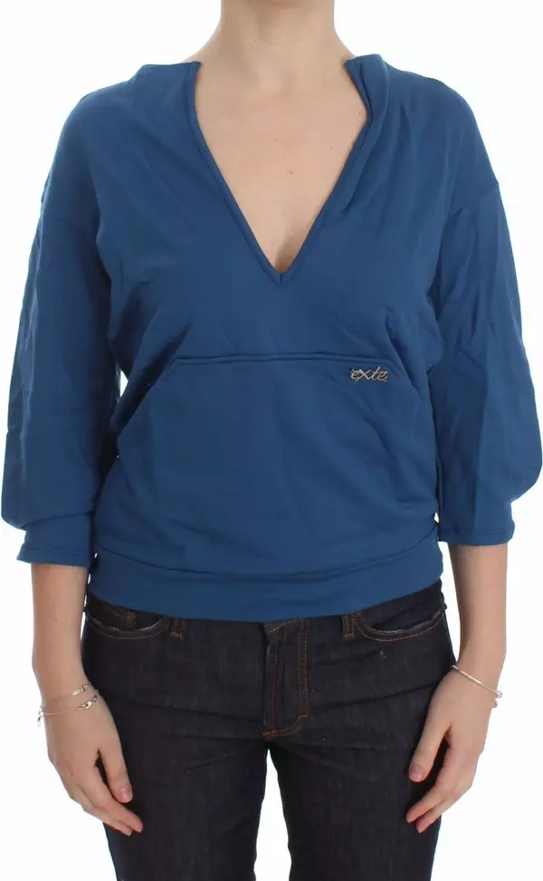 Blue Cotton Top Pullover Deep V-neck Women Sweater