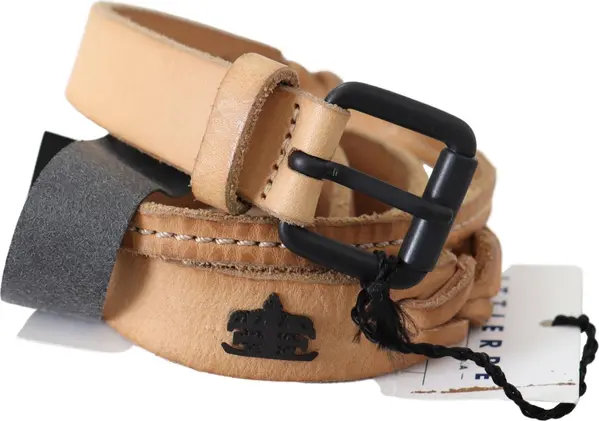 Light Brown Slim Leather Black Logo Buckle Belt Belt