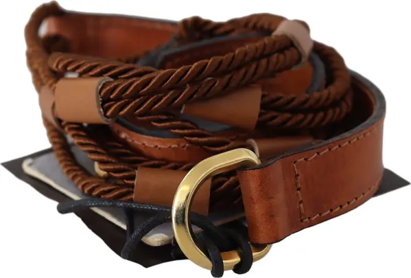 Brown Leather Braided Rope Gold Buckle Belt