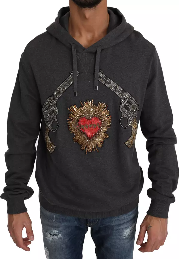 Gray Hooded Red Crystal Heart Gun Sweater