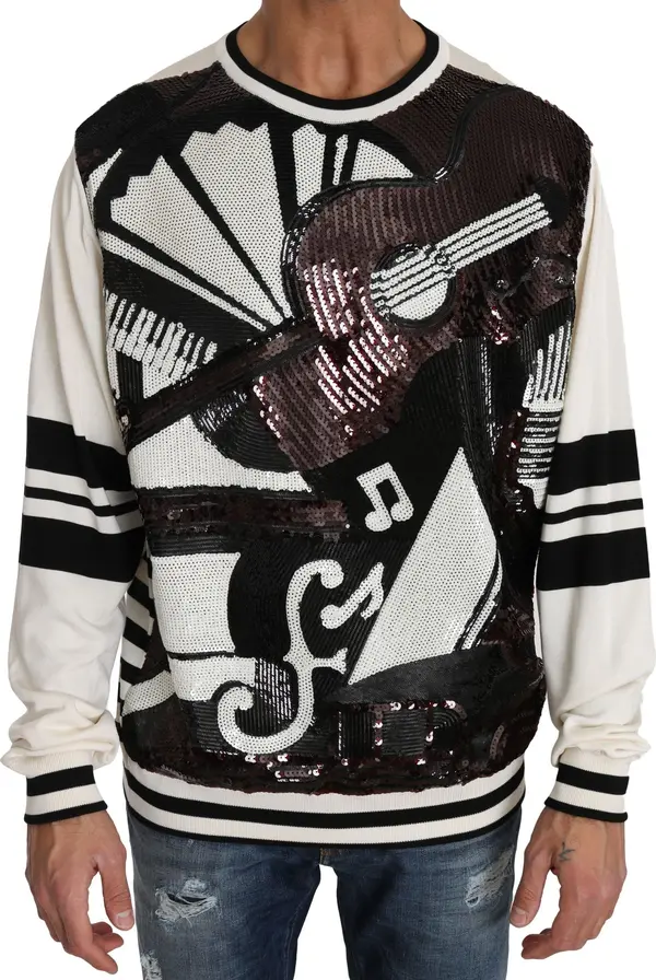 White Jazz Sequined Guitar Pullover Top Sweater