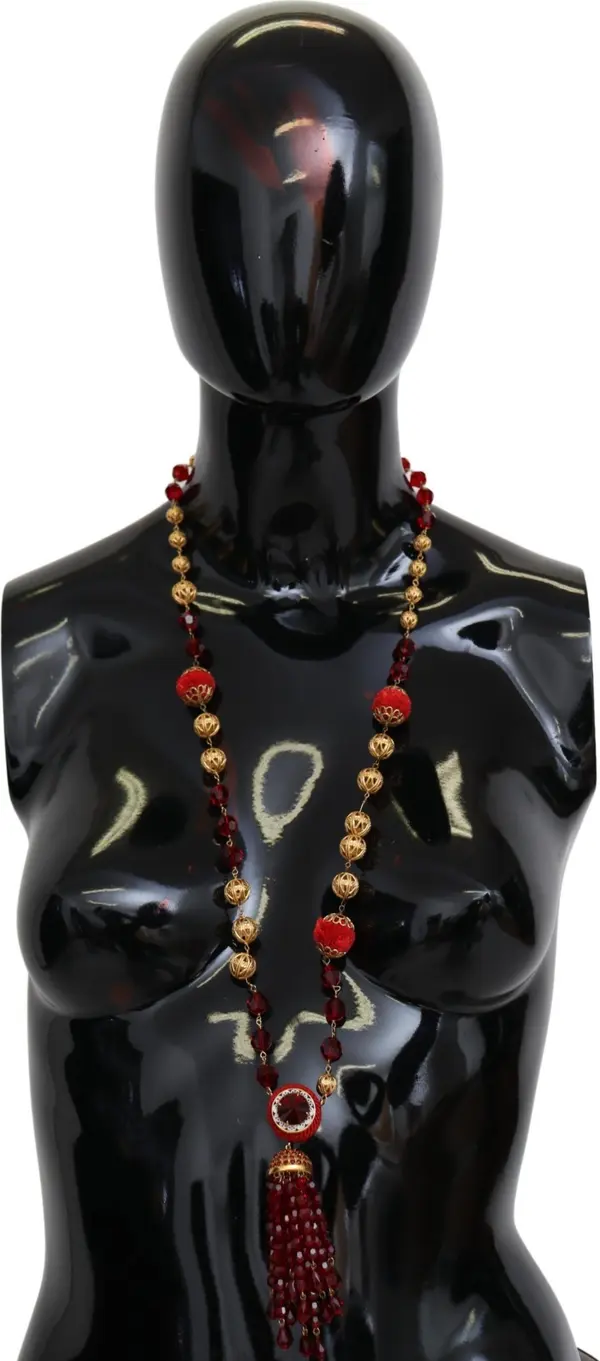 Gold Tone Brass Red Crystals Pendant Opera Chain  Necklace