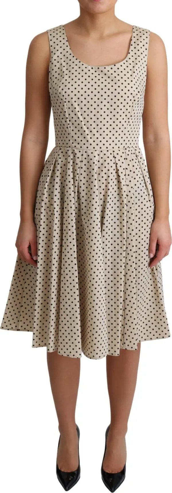 Beige Polka Dotted Cotton A-Line Dress