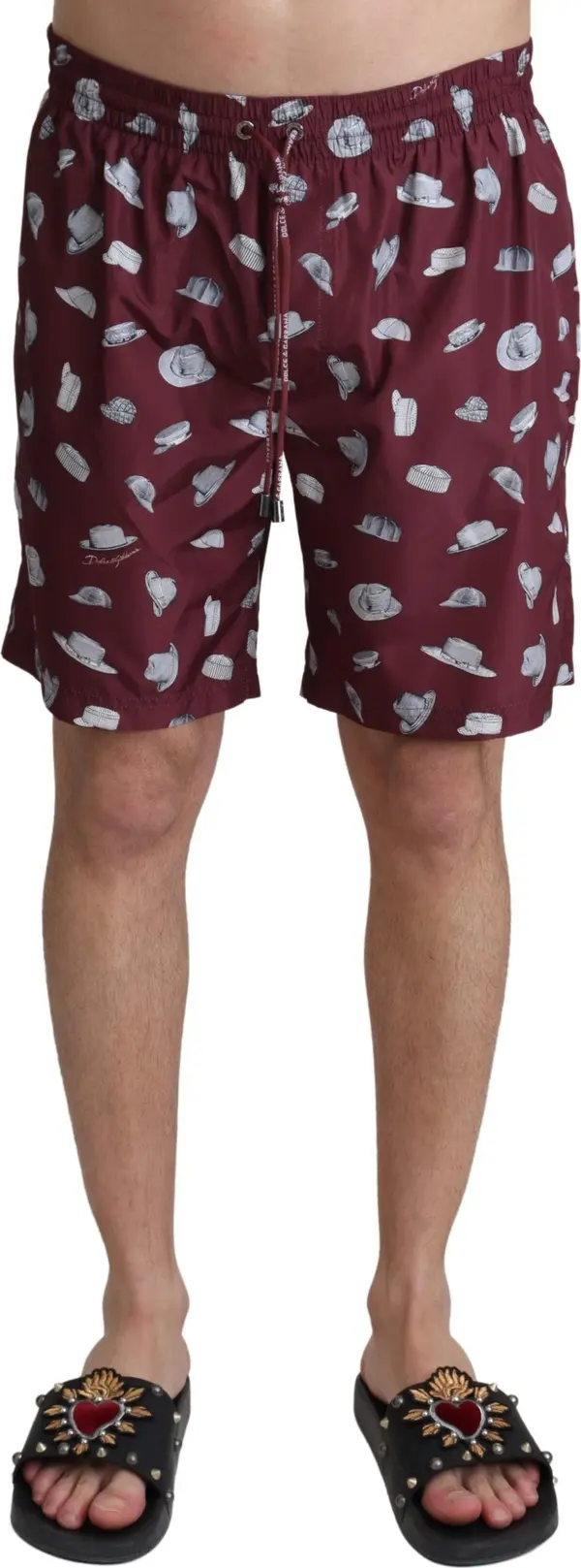 Maroon Hats Print Beachwear Shorts Swimwear