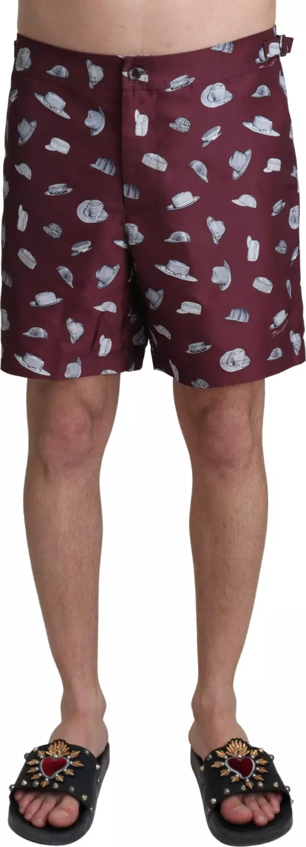 Maroon Hats Print Beachwear Shorts Swimwear