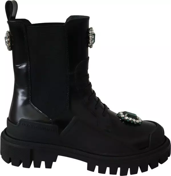 Black Leather Crystal Combat Boots