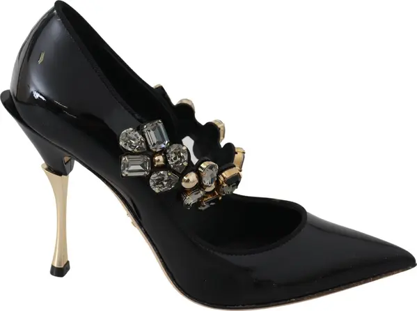 Black Leather Crystal Shoes Mary Jane Pumps