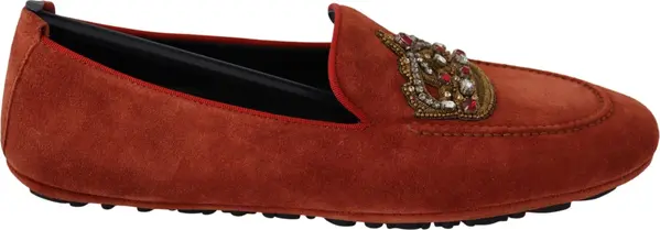 Orange Leather Crystal Crown  Loafers Shoes