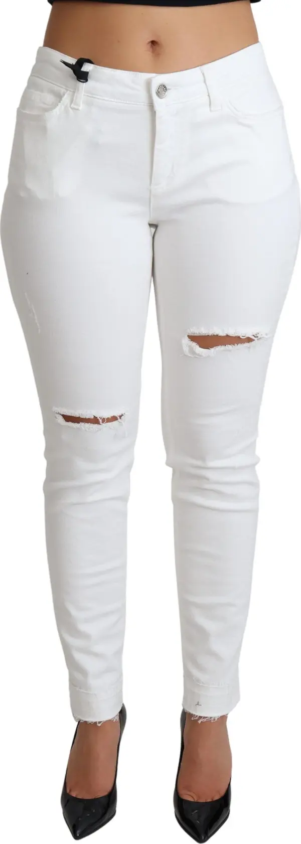 White Tattered Skinny Denim Cotton Stretch Jeans