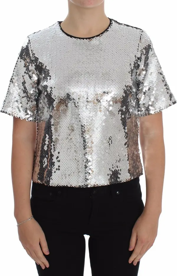 Silver Sequined Crewneck Blouse T-shirt Top