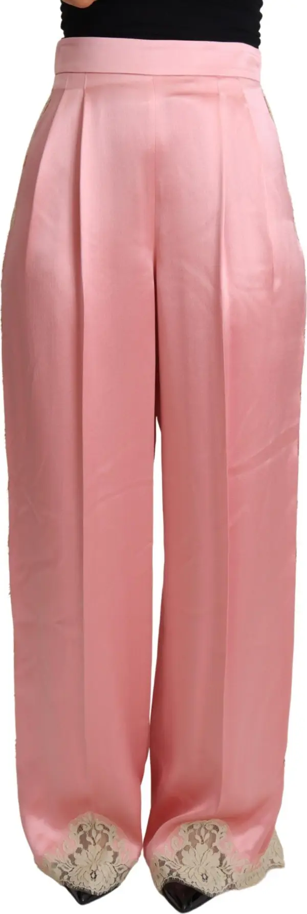 Pink Lace Trimmed Silk Satin Wide Legs Pants