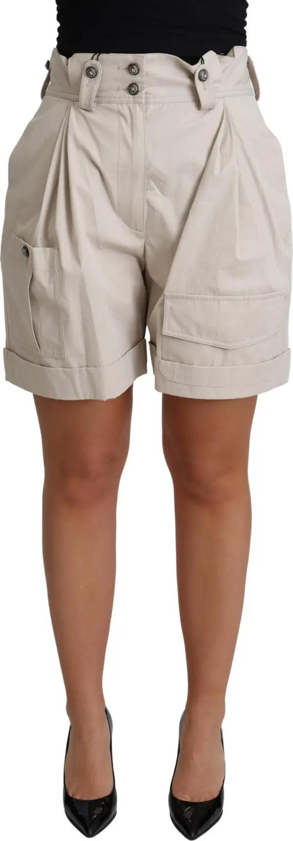 Beige Cotton Pleated High Waist Casual Shorts