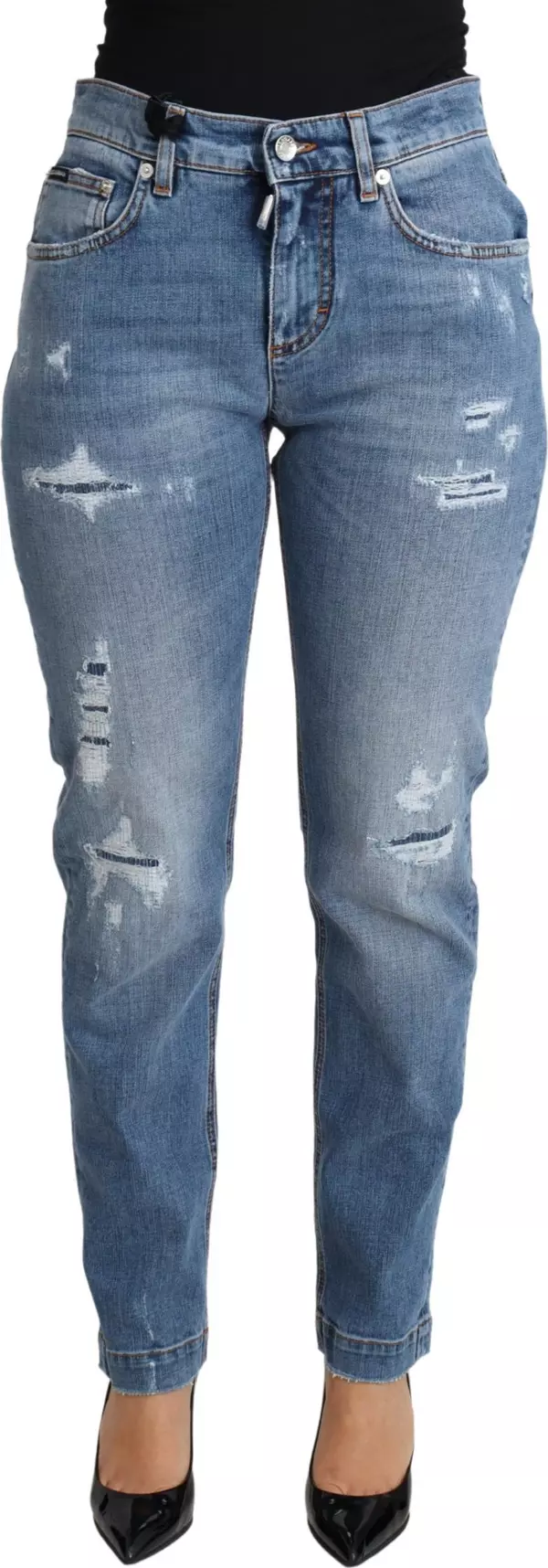 Blue Tattered Skinny Denim Cotton Blend Jeans