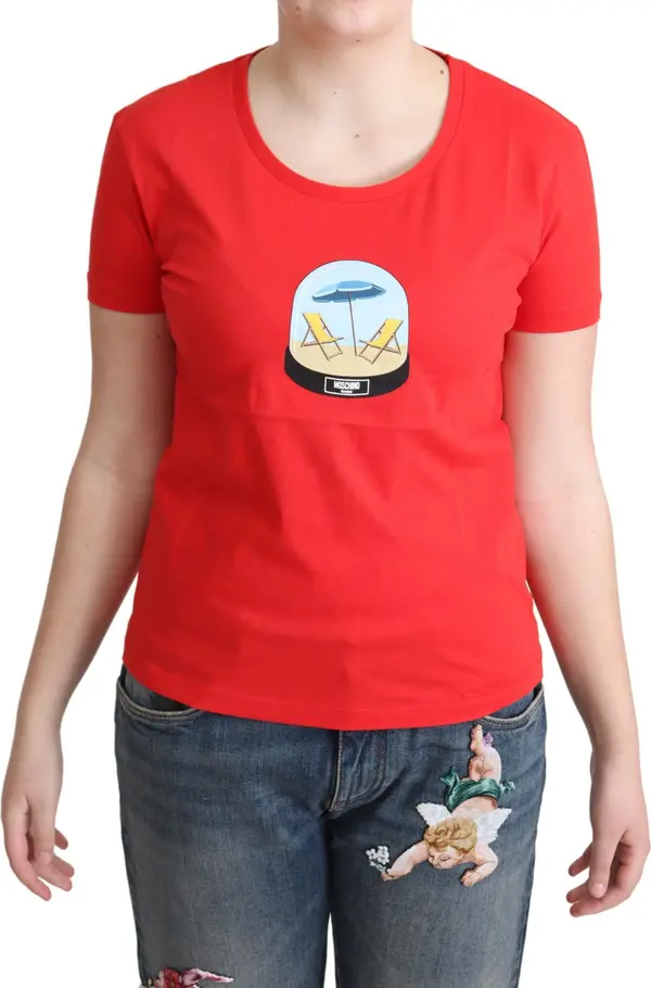 Red Printed Cotton Short Sleeves Tops Blouse T-shirt
