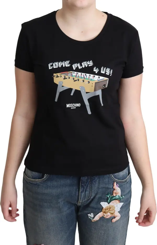 Black Cotton Come Play 4 Us Print Tops T-shirt