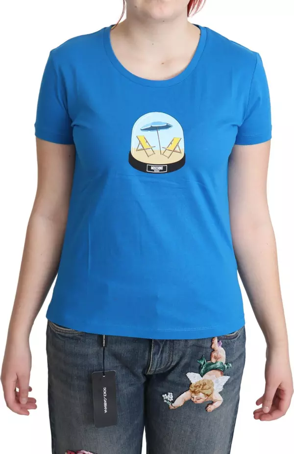 Blue Printed Cotton Short Sleeves Tops T-shirt