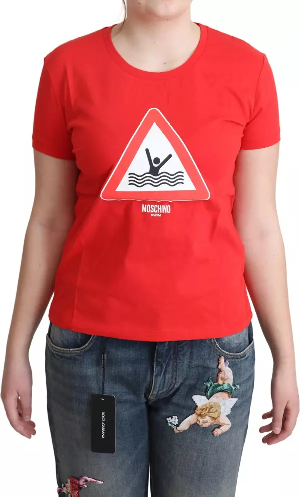 Red Cotton Swim Graphic Triangle Print  T-shirt