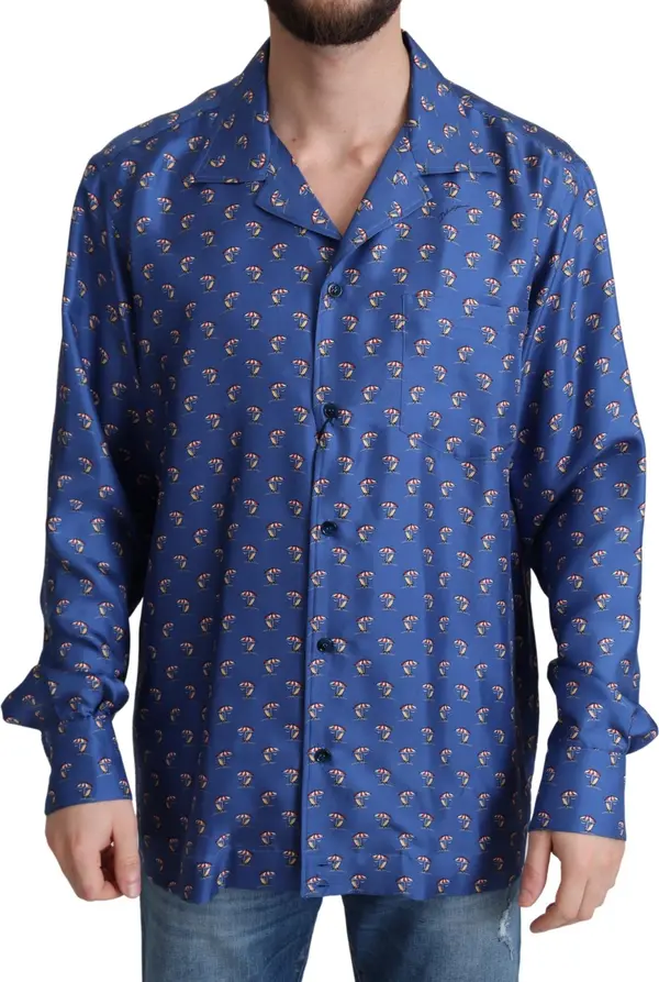 Blue Beach Chair Umbrella Print Silk Shirt